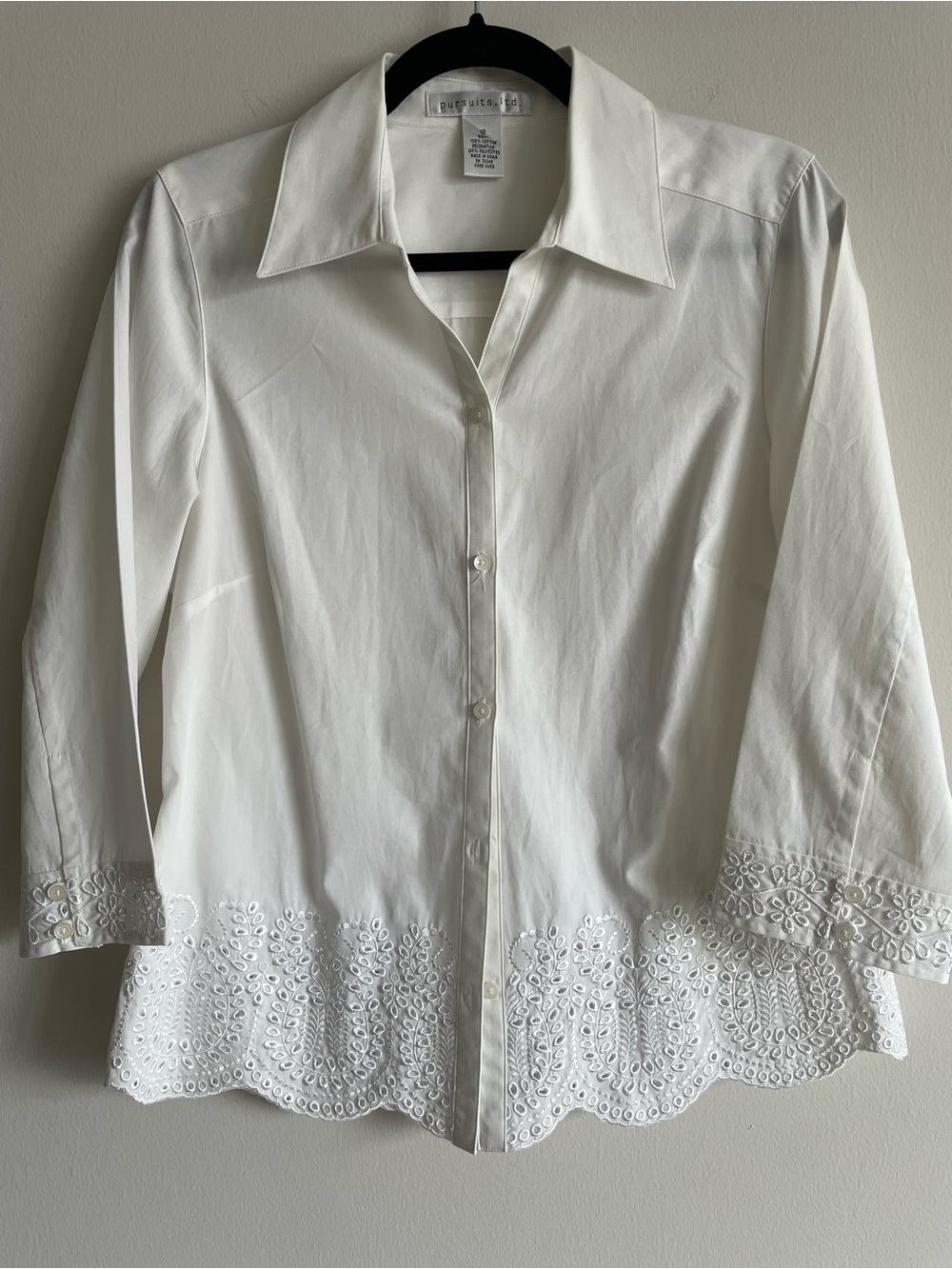 boho cottagecore white button up collar 3/4 sleeve eyelet trim 100% cotton 10